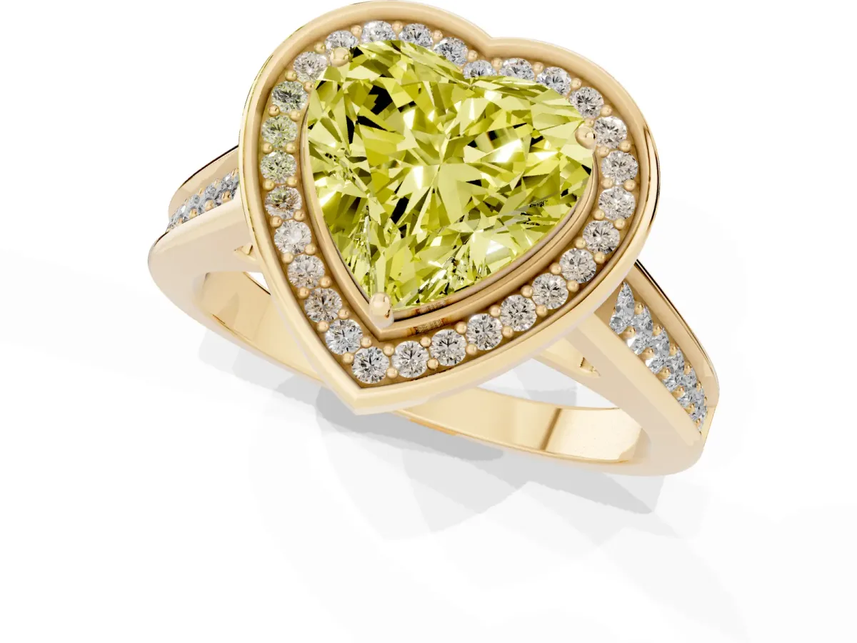 Fancy Yellow Heart Cut Halo Solitaire Diamond Ring with Pave Band and Bezel Setting Yellow gold