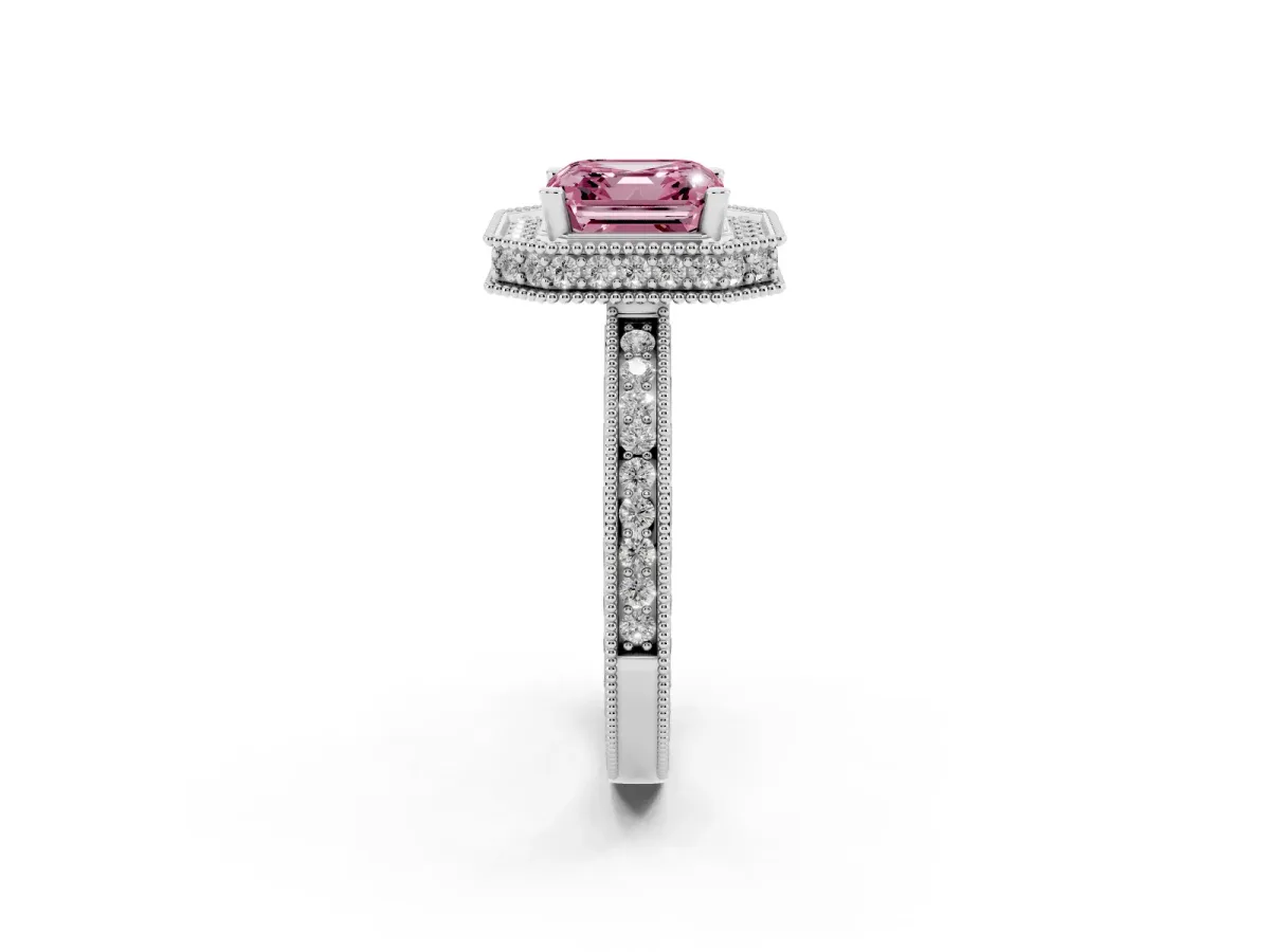 Fancy Pink Asscher Cut Diamond Milgrain Halo Engagement Ring with Round Pavé Band and Prong Setting Platinum