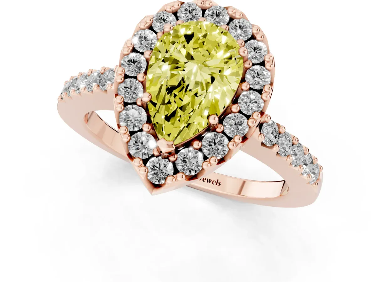 Fancy Yellow Pear Cut Halo Diamond Pavé Solitaire Ring Rose gold
