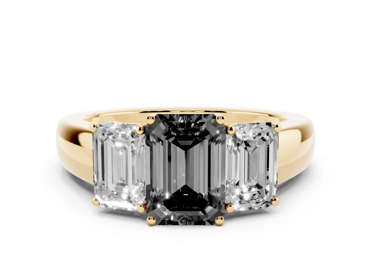 Fancy Black Three-Stone Emerald Cut Cut Diamond Ring with Prong Setting and Classic Band Yellow gold