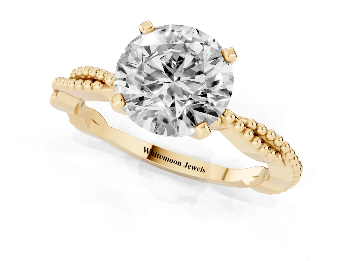 Round Cut Solitaire Twisted Band with Bead Prong Setting Yellow gold
