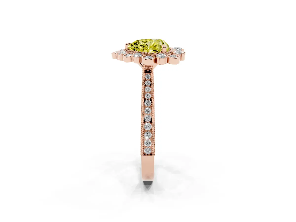 Fancy Yellow Heart Cut Halo Milgrain Pave Diamond Ring with Four-Prong Setting Rose gold