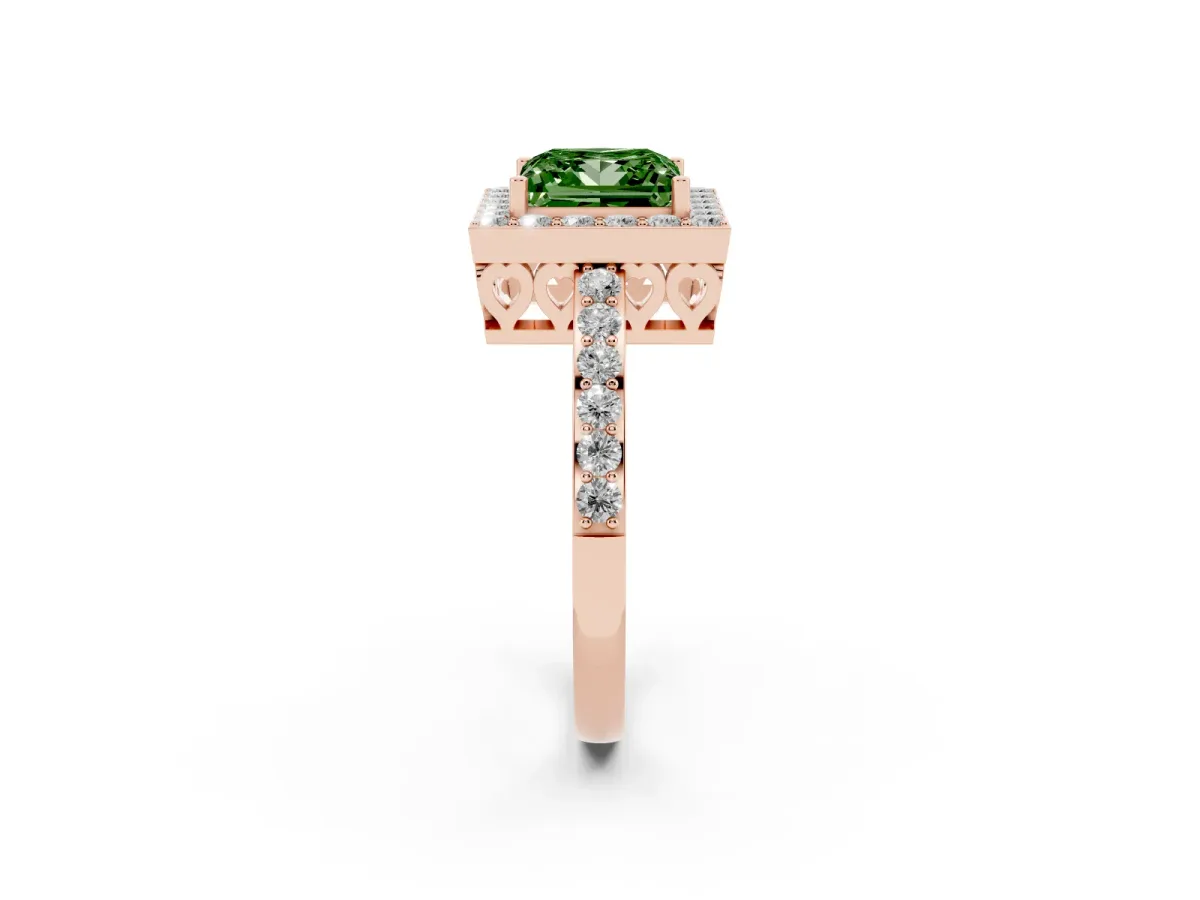 Fancy Green Princess Cut Halo Diamond Pavé Band Ring with Prong Setting Rose gold