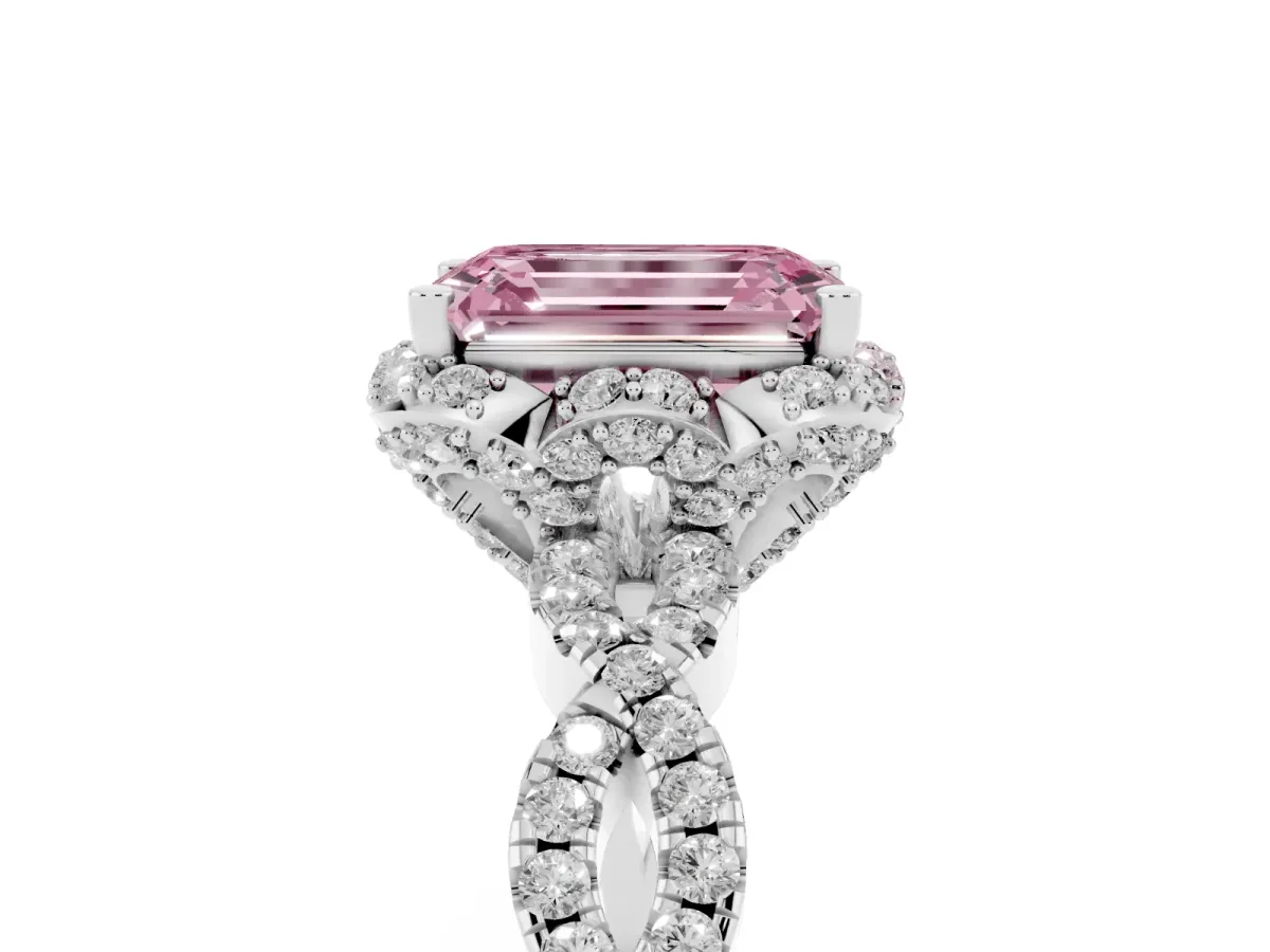 Fancy Pink Emerald Cut Halo Twist Band Solitaire Ring with Six-Prong Setting Silver