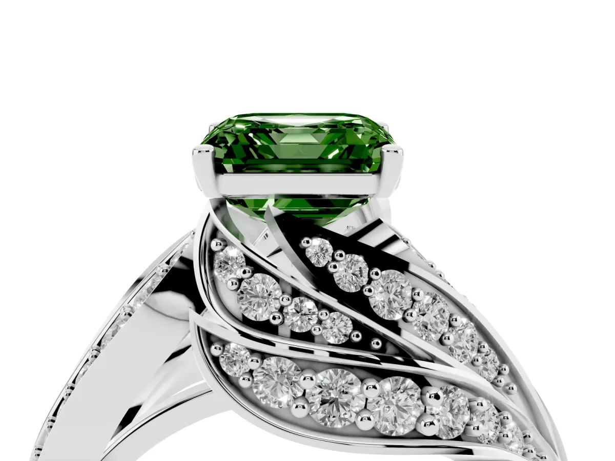 Fancy Green Asscher Cut Diamond Solitaire Ring with Prong Setting and Twisted Pavé Band Silver