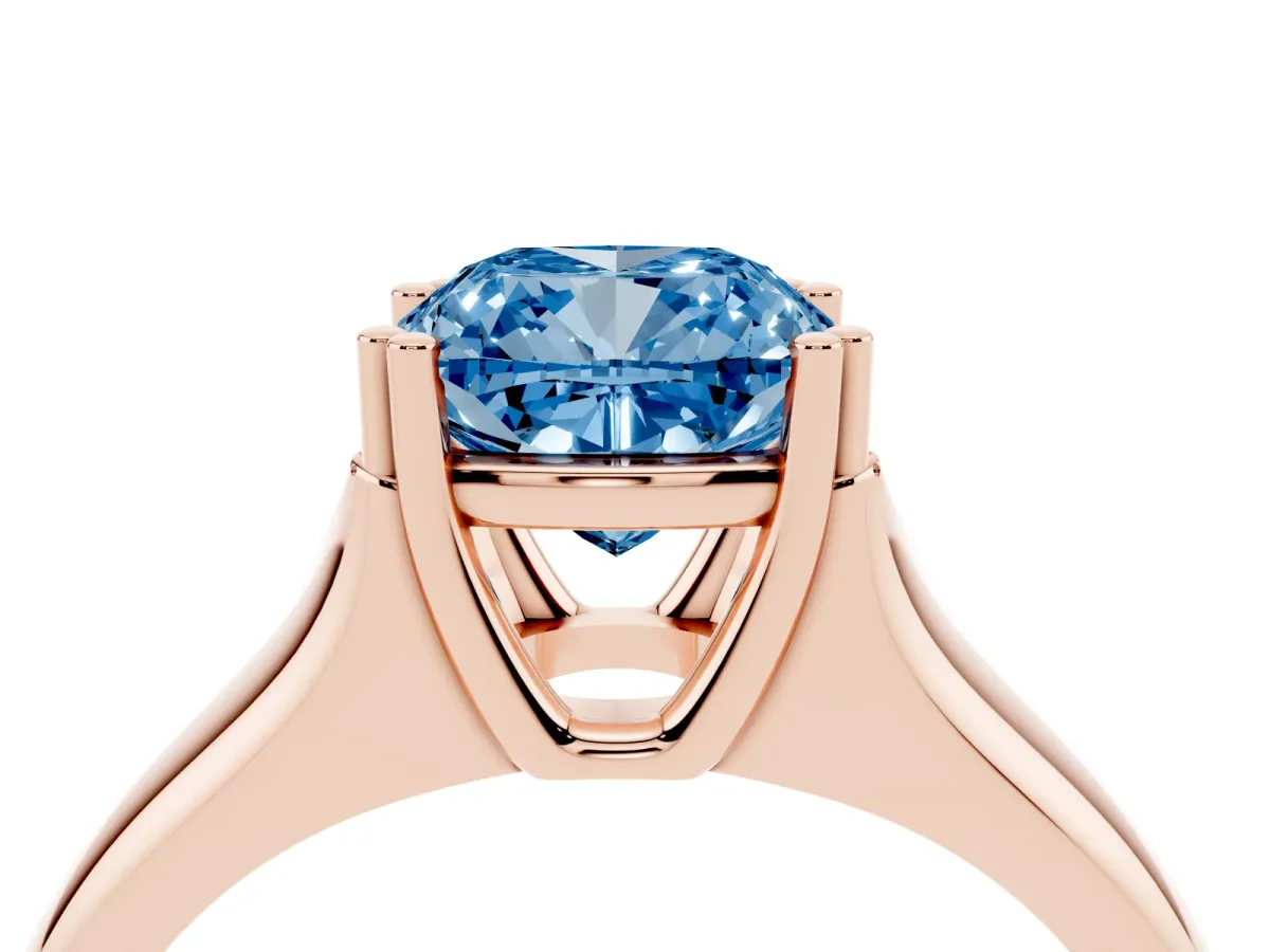 Fancy Blue Cushion Cut Diamond Solitaire Ring with Wide Band and Prong Setting Rose gold