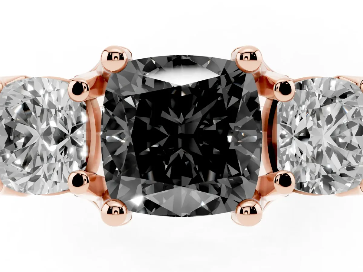 Fancy Black Cushion Cut Diamond Three-Stone Ring with Channel Set Band and Four-Prong Setting Rose gold
