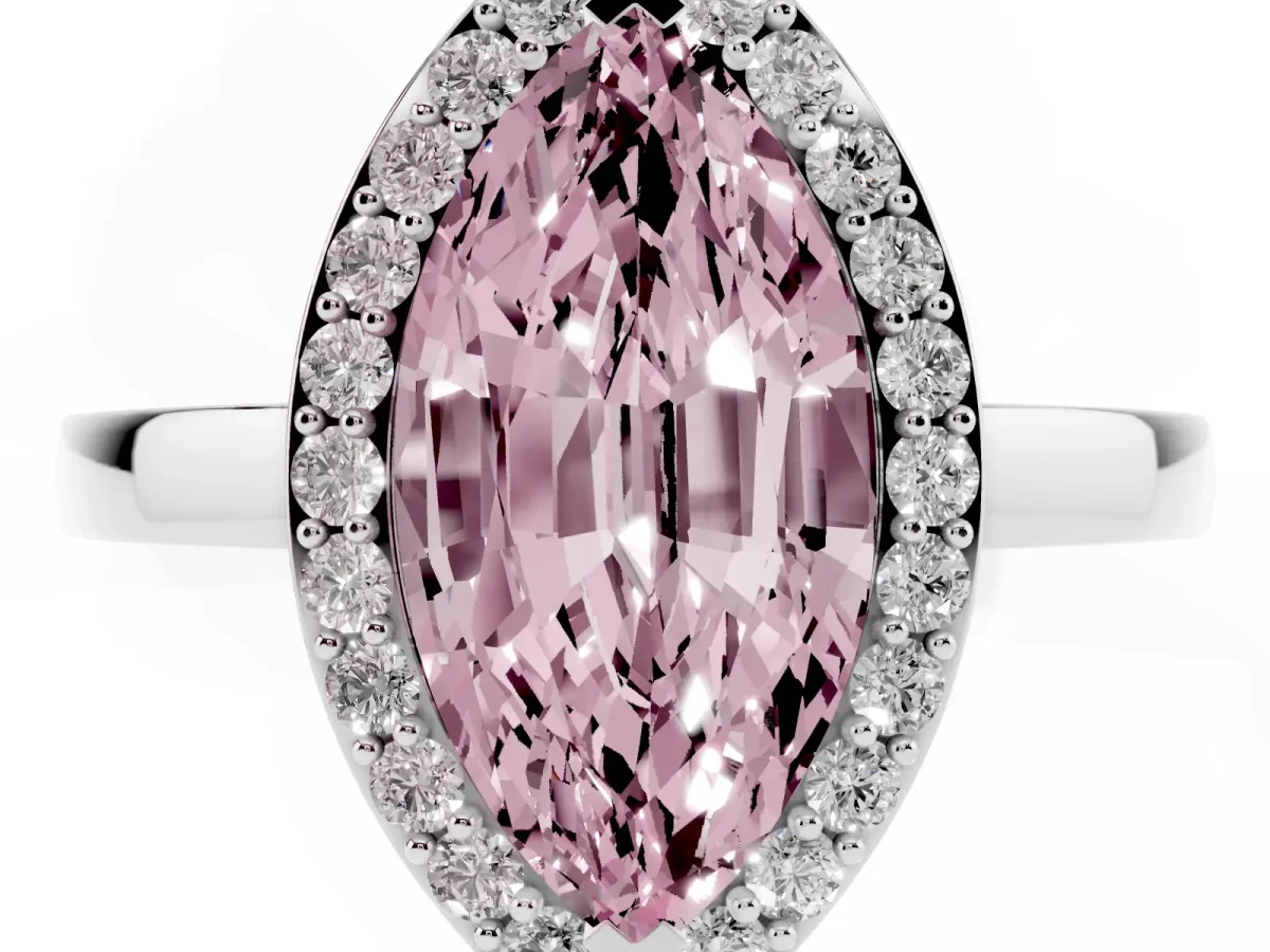 Fancy Pink Marquise Cut Halo Diamond Ring with Solitaire Band and Prong Setting Platinum