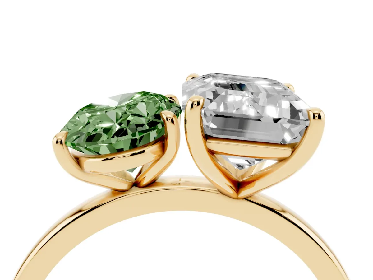 Fancy Green Oval Cut and Emerald Cut Toi Moi Ring with Prong Setting Yellow gold
