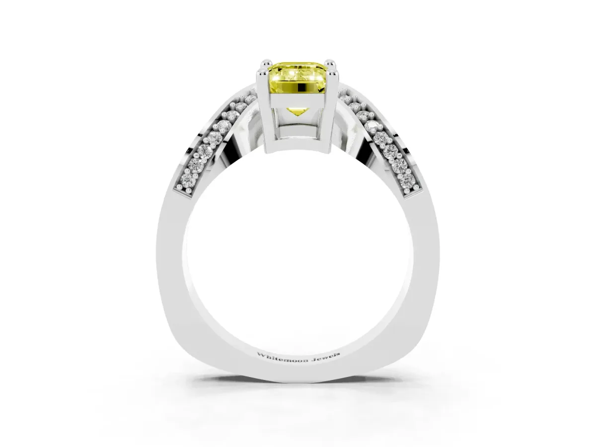 Fancy Yellow Emerald Cut Solitaire Diamond Engagement Ring with Pave Band and Four-Prong Setting White gold