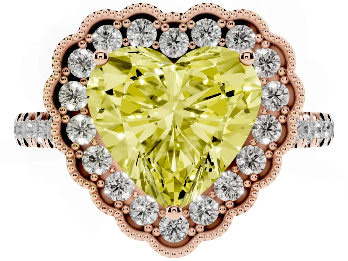 Fancy Yellow Heart Cut Cut Diamond Milgrain Floral Halo Engagement Ring with Pavé Band Rose gold