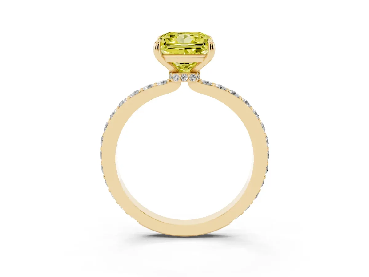 Fancy Yellow Princess Cut Diamond Solitaire Engagement Ring with Pavé Band and Four-Prong Setting Yellow gold