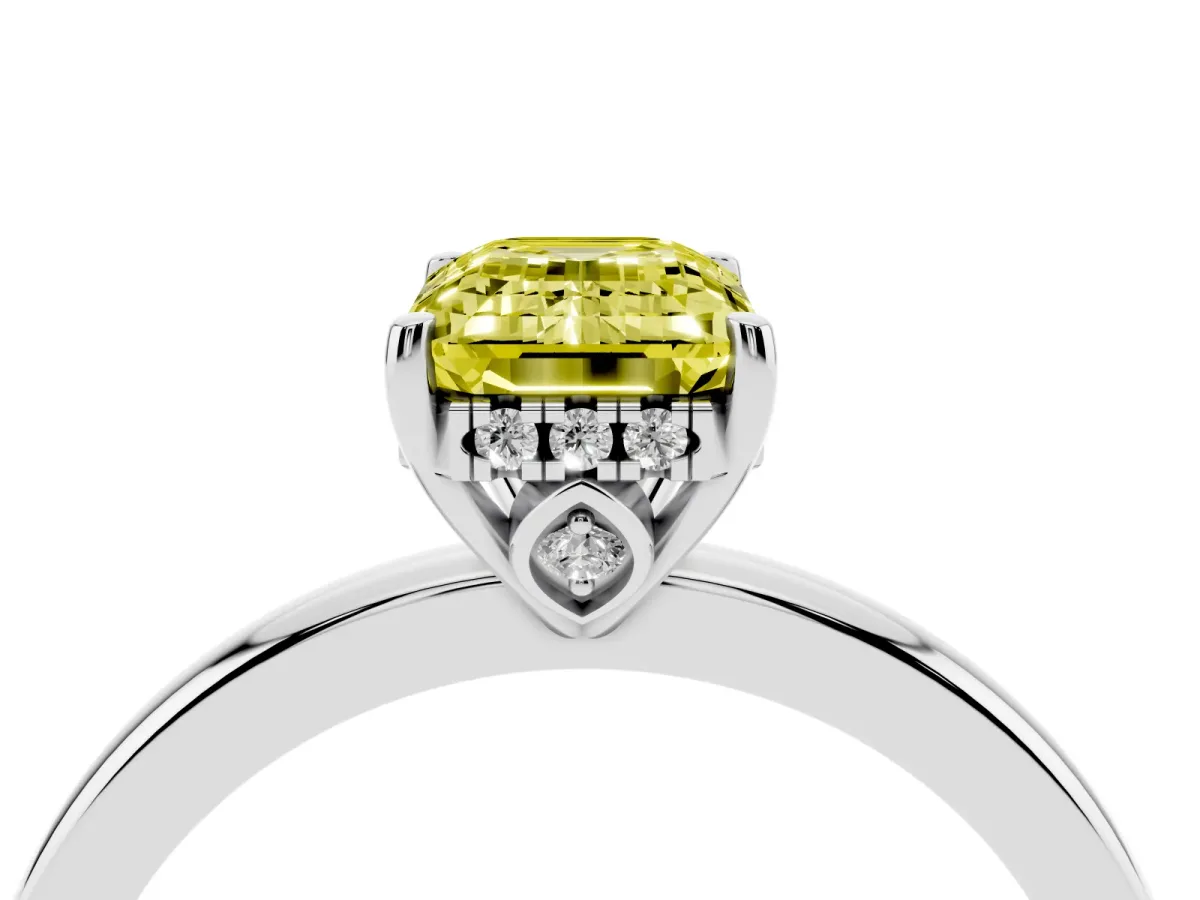 Fancy Yellow Emerald Cut Solitaire Diamond Ring with Prong Setting and Plain Band Silver