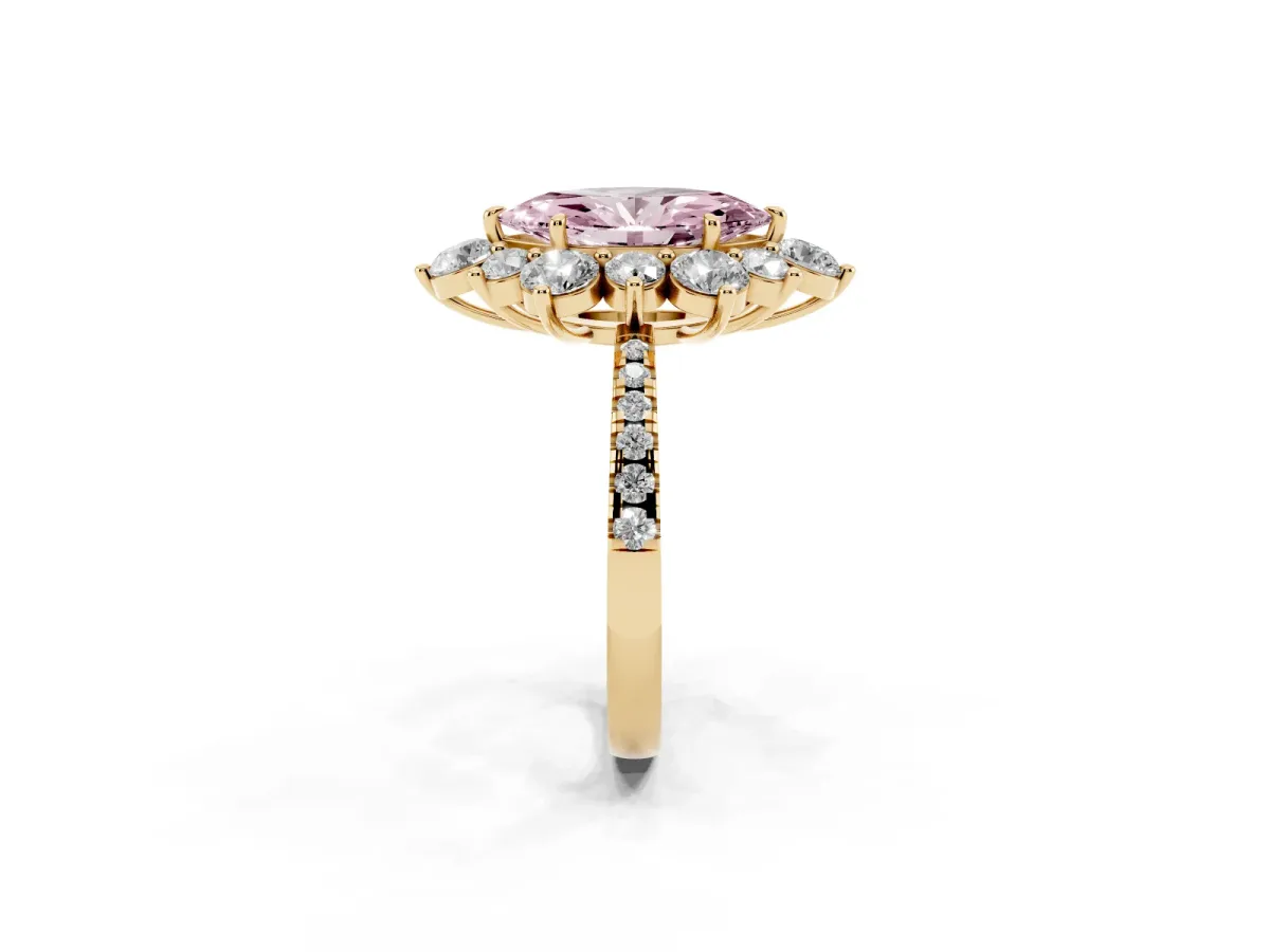 Fancy Pink Marquise Cut Diamond Floral Halo Ring with Round Pavé Band and Prong Setting Yellow gold