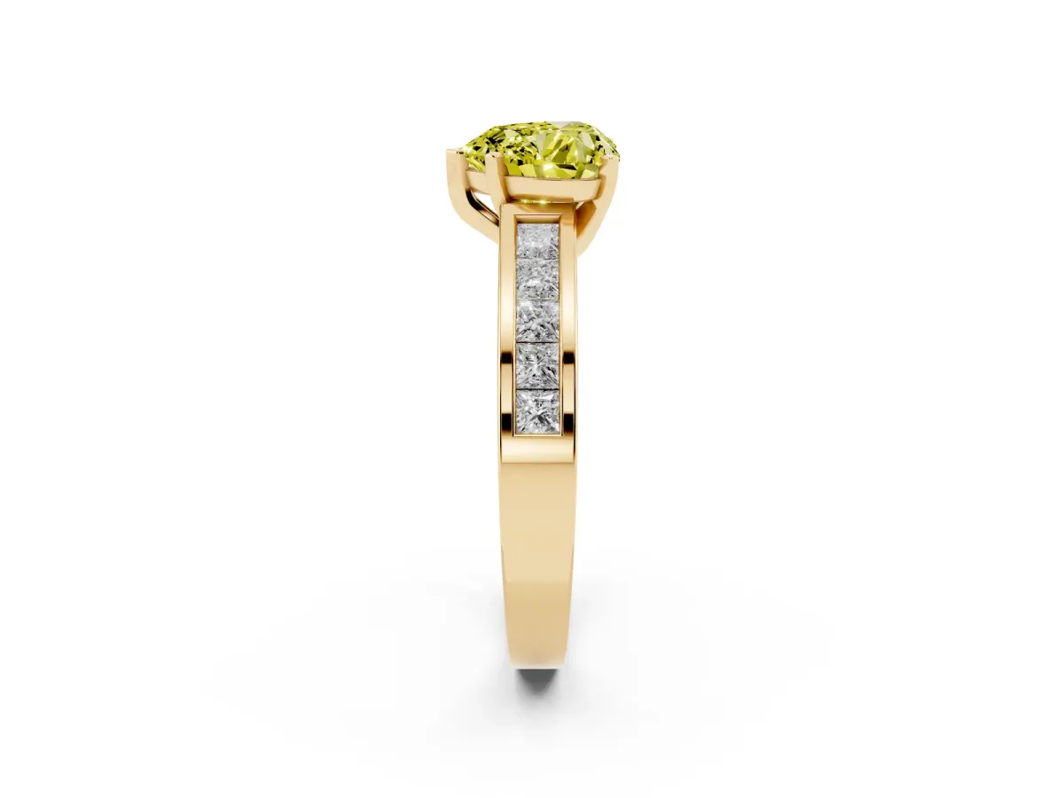 Fancy Yellow Heart Cut Solitaire Diamond Ring with Channel-Set Band and Four-Prong Setting Yellow gold