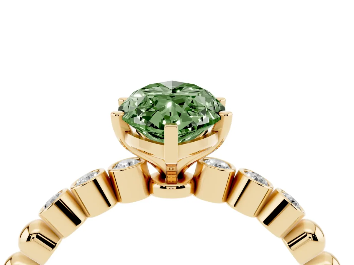 Fancy Green Marquise Cut Solitaire Bezel Accent Diamond Engagement Ring with Beaded Band and Four-Prong Setting Yellow gold