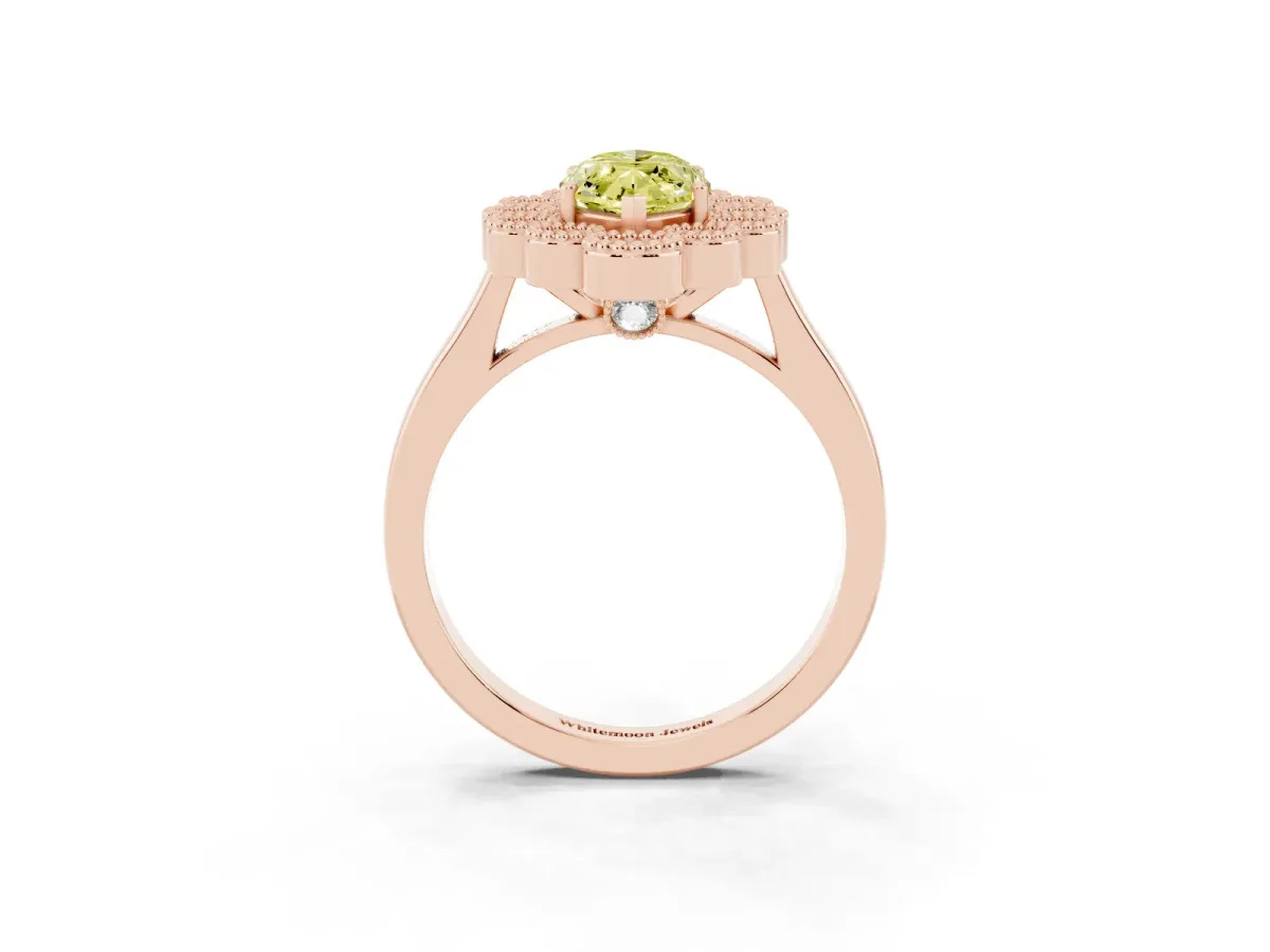 Fancy Yellow Marquise Cut Halo Diamond Cluster Engagement Ring with Milgrain Bezel Setting and Solitaire Band Rose gold