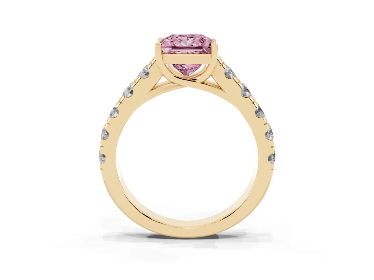 Fancy Pink Princess Cut Cut Diamond Solitaire Ring with Micro Pave Band and Prong Setting Yellow gold
