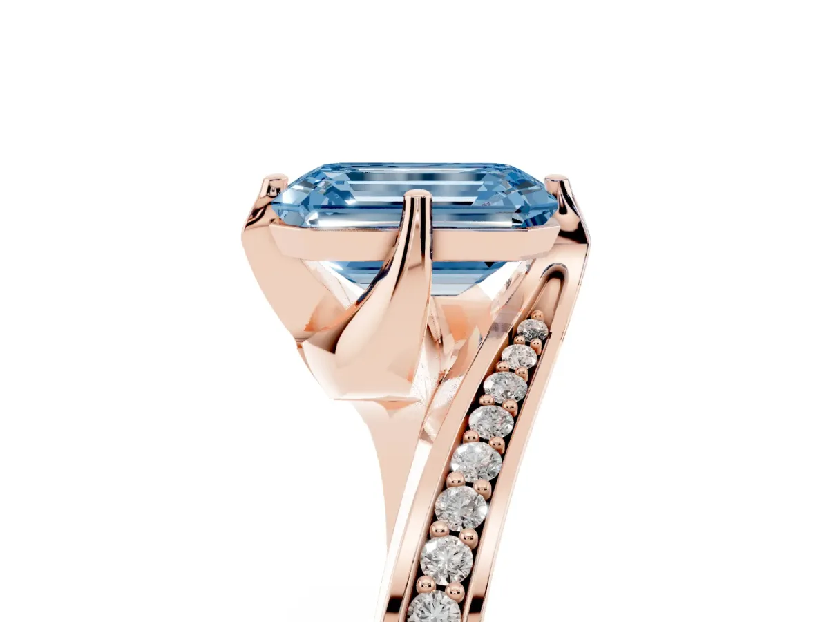 Fancy Blue Emerald Cut Solitaire Diamond Twist Band with Pavé Setting and Four-Prong Setting Rose gold