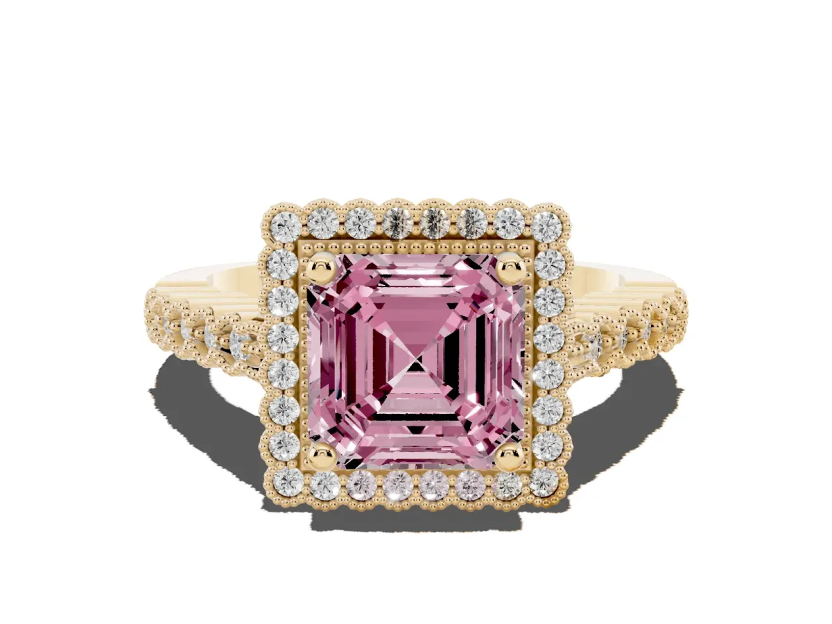 Fancy Pink Asscher Cut Cut Halo Pavé Solitaire Ring with Milgrain Band Yellow gold
