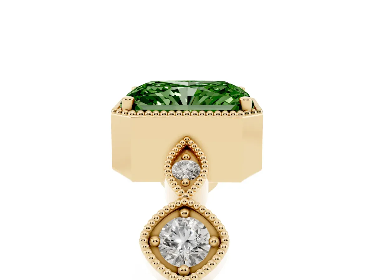 Fancy Green Radiant Cut Diamond Vintage Milgrain Ring with Round Stations Yellow gold