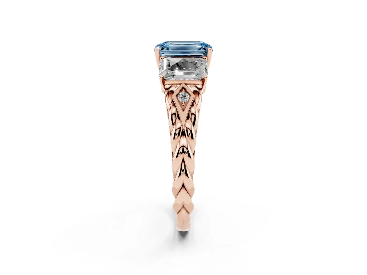 Fancy Blue Three-Stone Emerald Cut Diamond Braided Band Ring with Four-Prong Setting Rose gold