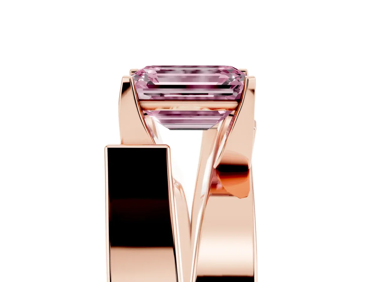 Fancy Pink Modern Tension Set Emerald Cut Diamond Solitaire Wide Band Ring Rose gold