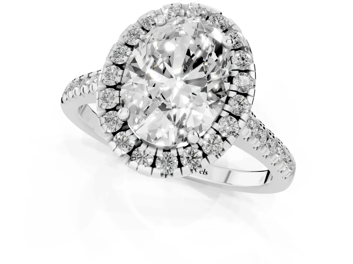 Oval Cut Diamond Cushion Halo Ring with Pavé Band Silver
