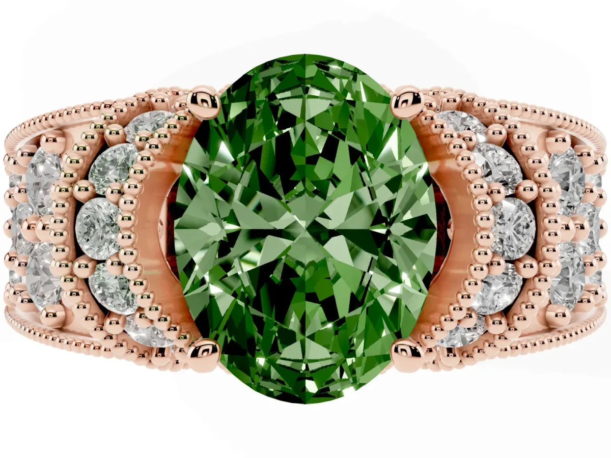 Fancy Green Oval Cut Halo Pave Diamond Engagement Ring with Milgrain Detailing Rose gold