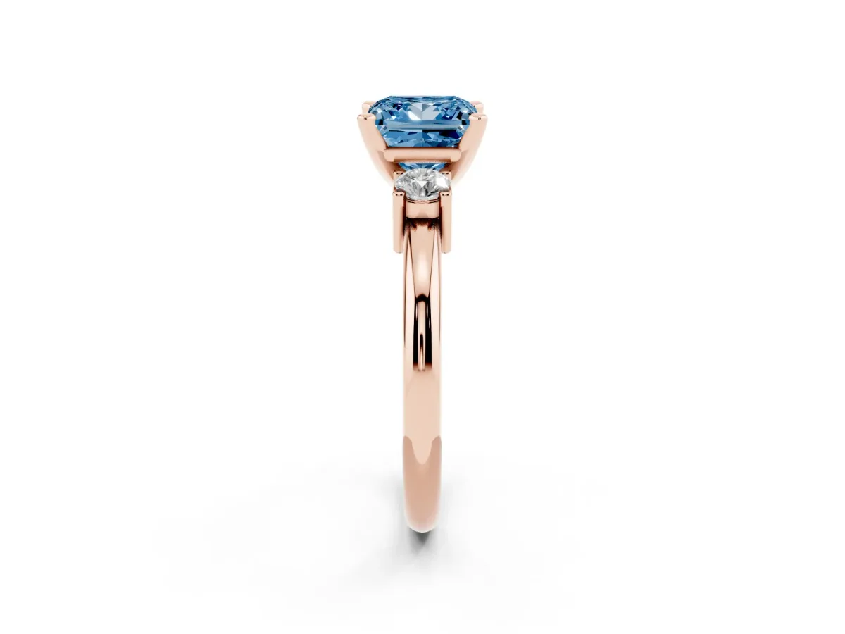 Fancy Blue Three-Stone Princess Cut Cut Diamond Solitaire with Prong Setting and Classic Band Rose gold