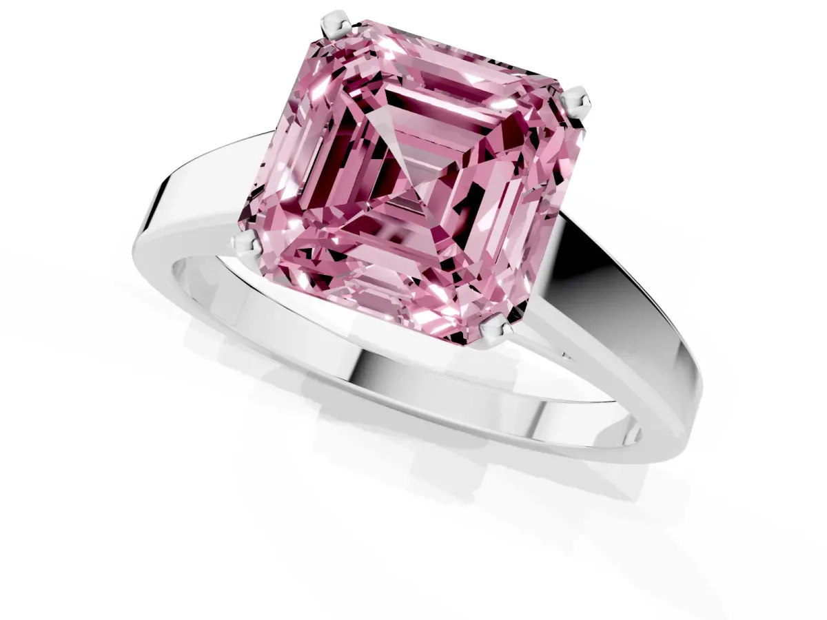 Fancy Pink Asscher Cut Solitaire Engagement Ring with Four-Prong Setting and Tapered Band White gold