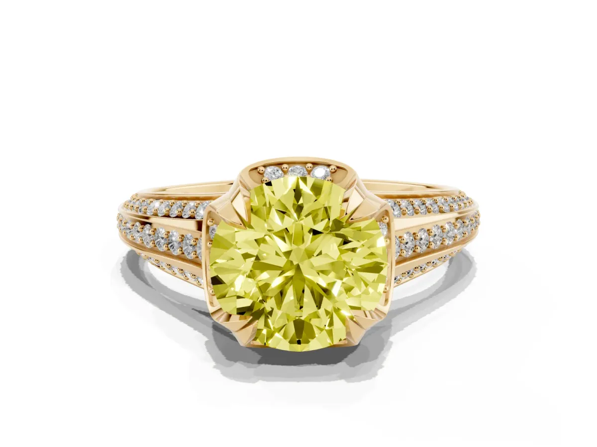 Fancy Yellow Round Cut Solitaire Pave Split Shank Ring with Four-Prong Setting Yellow gold
