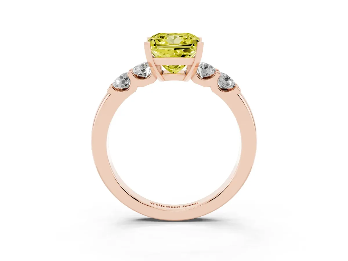 Fancy Yellow Princess Cut Brilliant Cut Diamond Five-Stone Prong Set Engagement Ring with Channel Band Rose gold