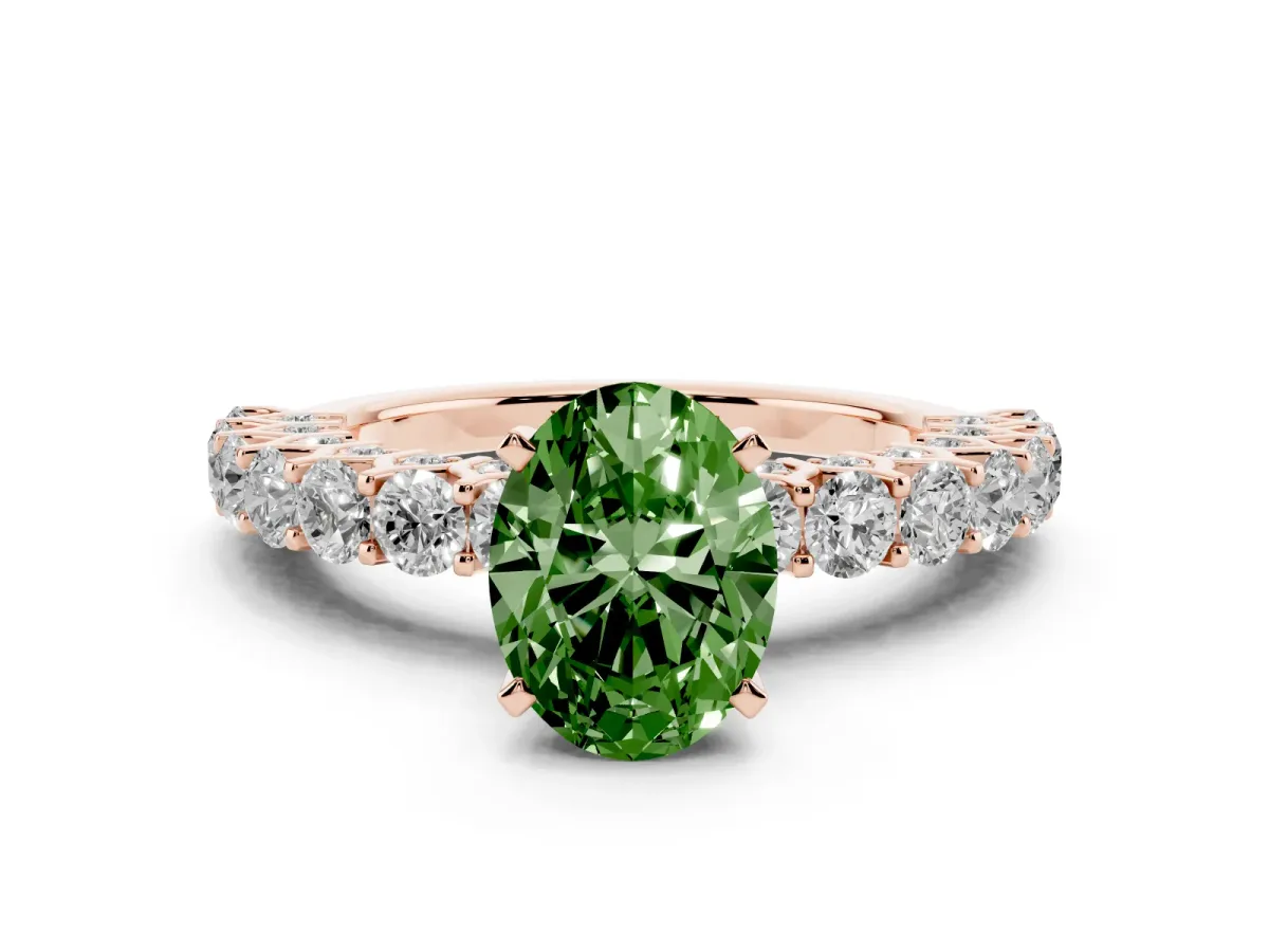 Fancy Green Oval Cut Diamond Solitaire Ring with Shared Prong Pavé Band and Four-Prong Setting Rose gold