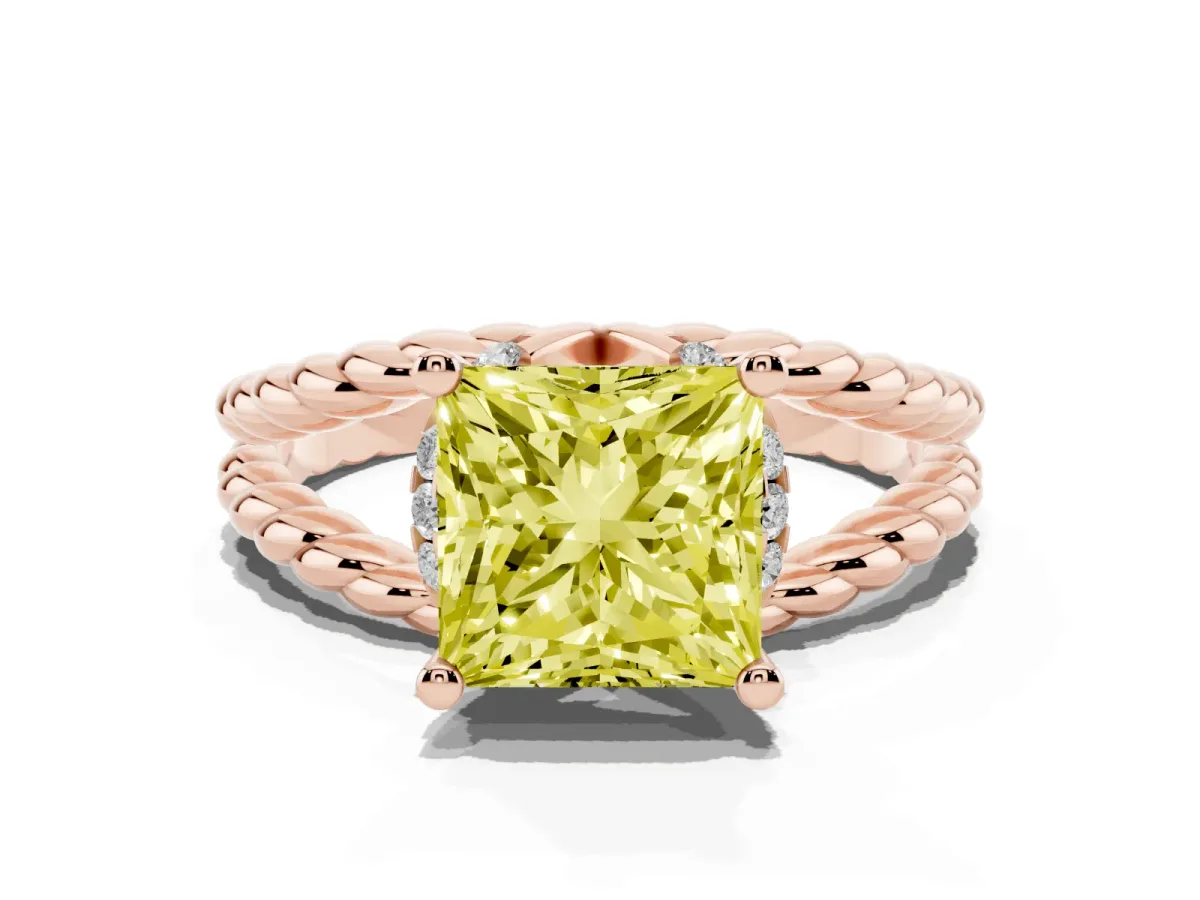 Fancy Yellow Princess Cut Halo Twisted Band Four-Prong Ring Rose gold