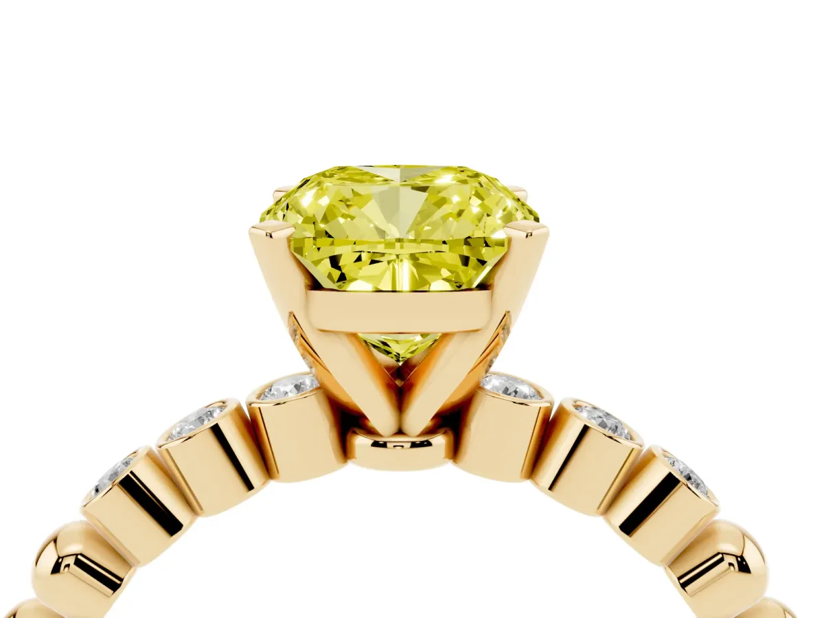 Fancy Yellow Cushion Cut Solitaire Bezel Accent Diamond Engagement Ring with Beaded Band and Four-Prong Setting Yellow gold