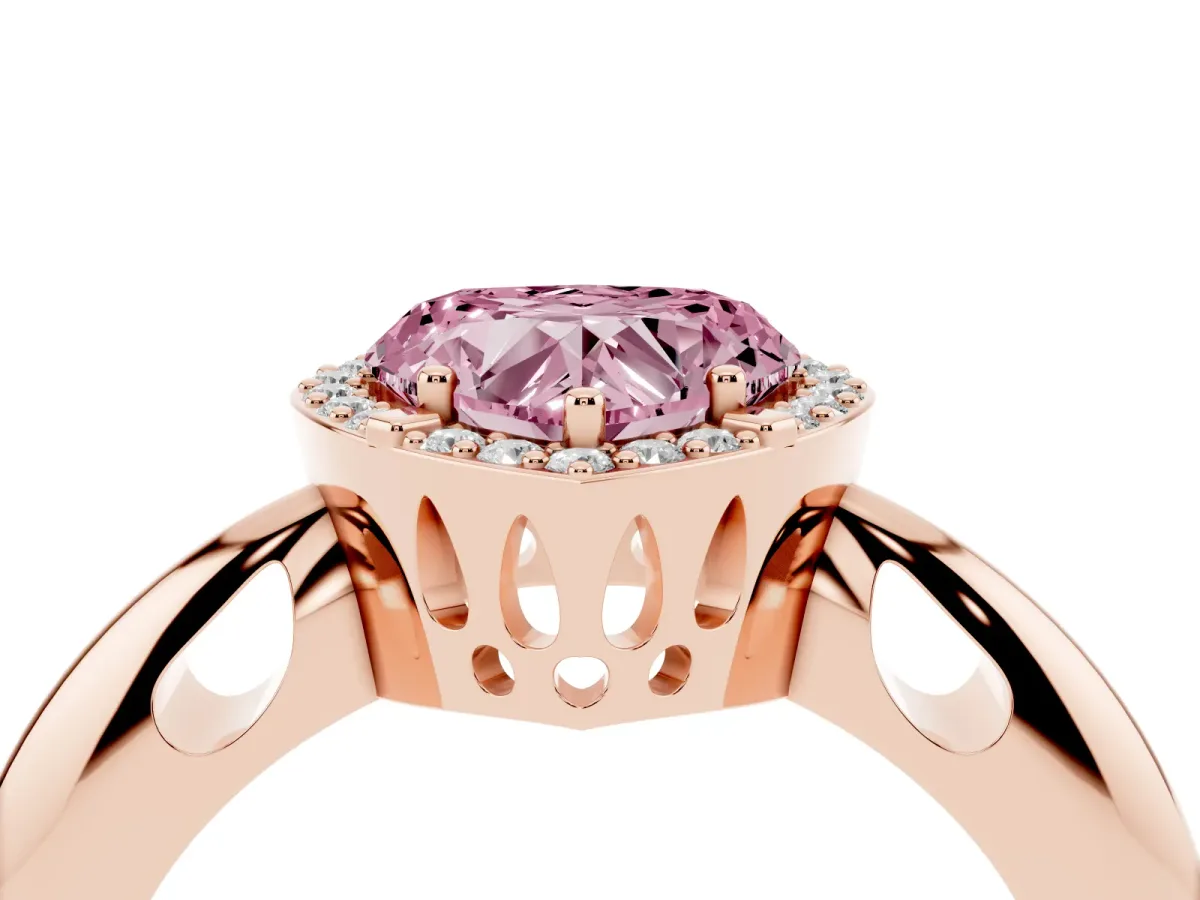 Fancy Pink Heart Cut Cut Diamond Halo Engagement Ring with Split Shank and Four-Prong Setting Rose gold