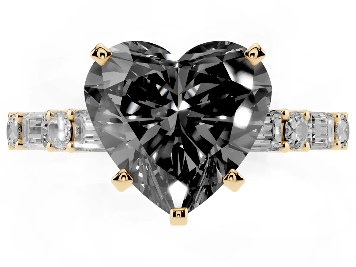 Fancy Black Heart Cut Diamond Solitaire with Side Baguettes and Channel Set Band Yellow gold