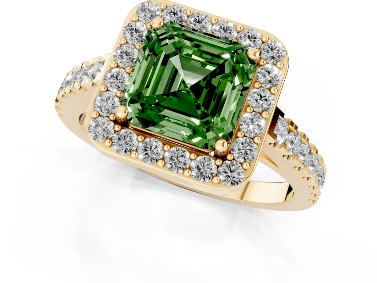 Fancy Green Asscher Cut Diamond Halo Ring with Round Pavé Split Shank and Prong Setting Yellow gold