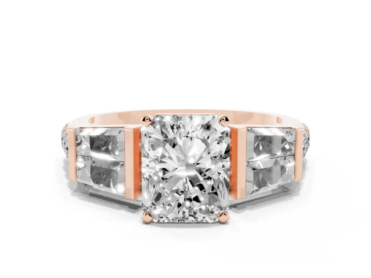 Radiant Cut Diamond Engagement Ring with Baguette Side Stones and Channel Set Band Rose gold
