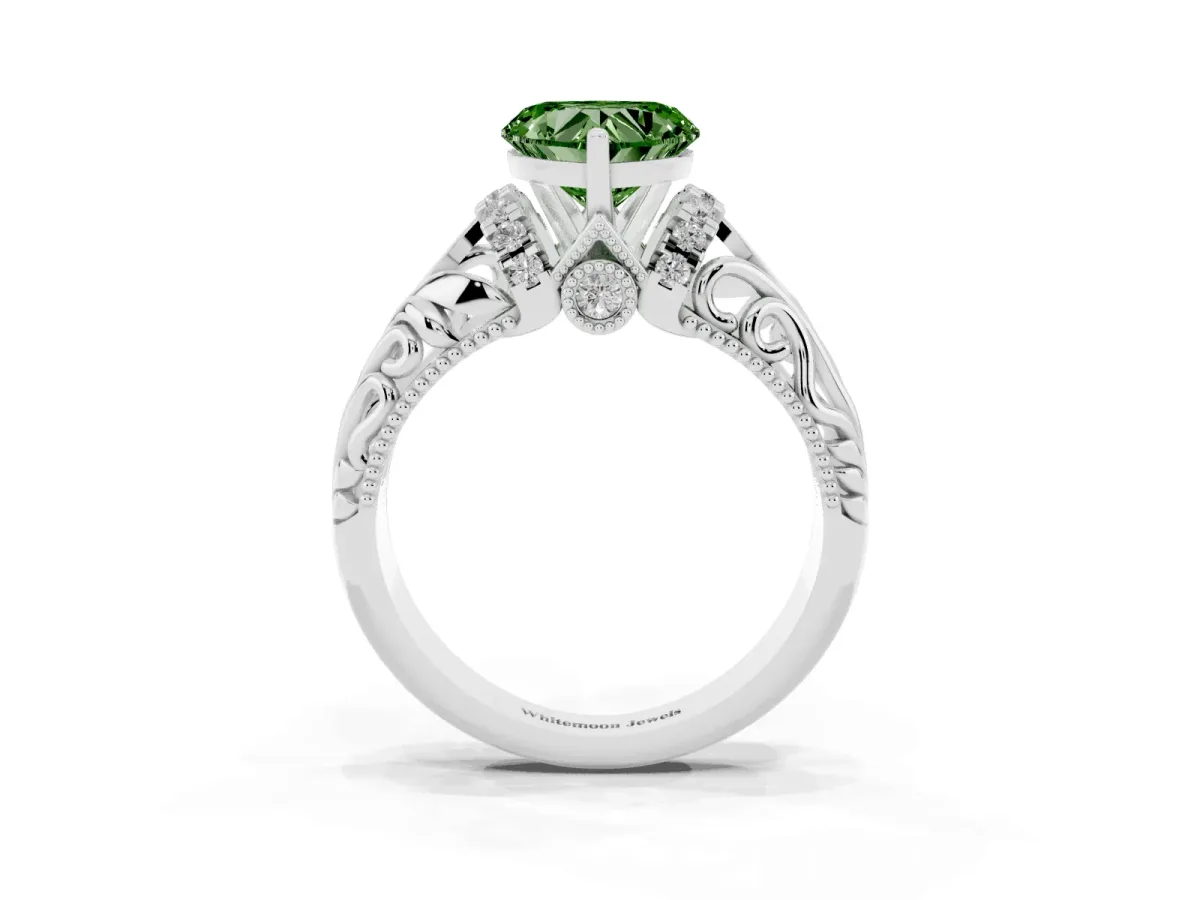 Fancy Green Heart Cut Solitaire Filigree Engagement Ring with Halo and Prong Setting Platinum