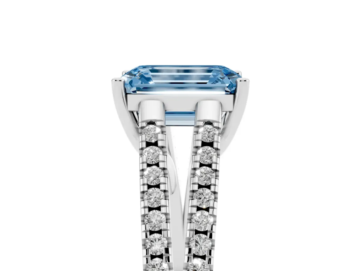 Fancy Blue Emerald Cut Diamond Solitaire Engagement Ring with Split Shank Pavé Band Platinum