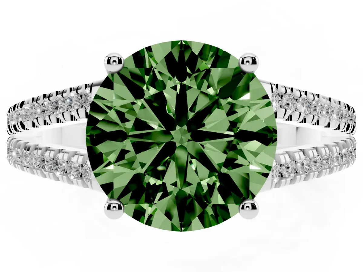Fancy Green Round Cut Diamond Solitaire Engagement Ring with Split Shank Pavé Band Platinum