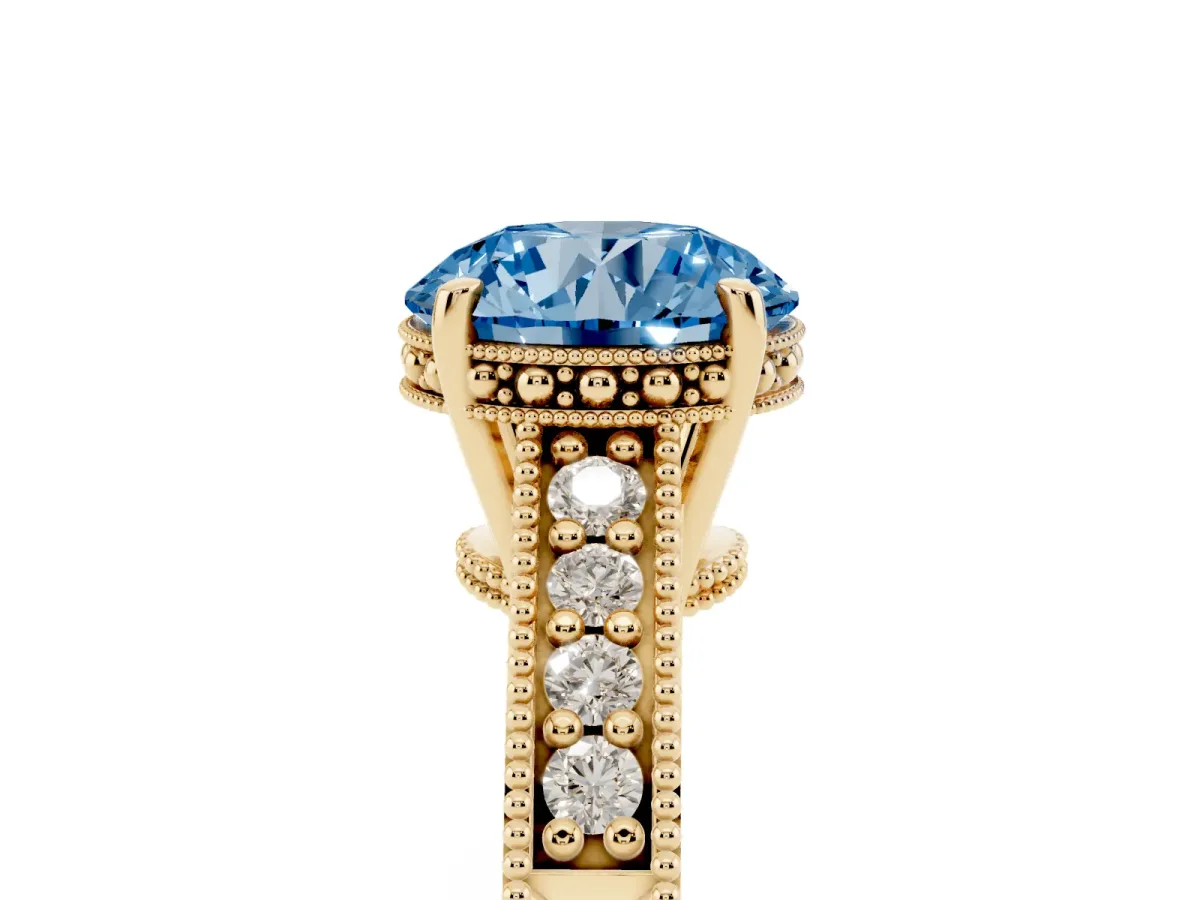Fancy Blue Round Cut Solitaire Pavé Diamond Milgrain Engagement Ring with Four-Prong Setting Yellow gold