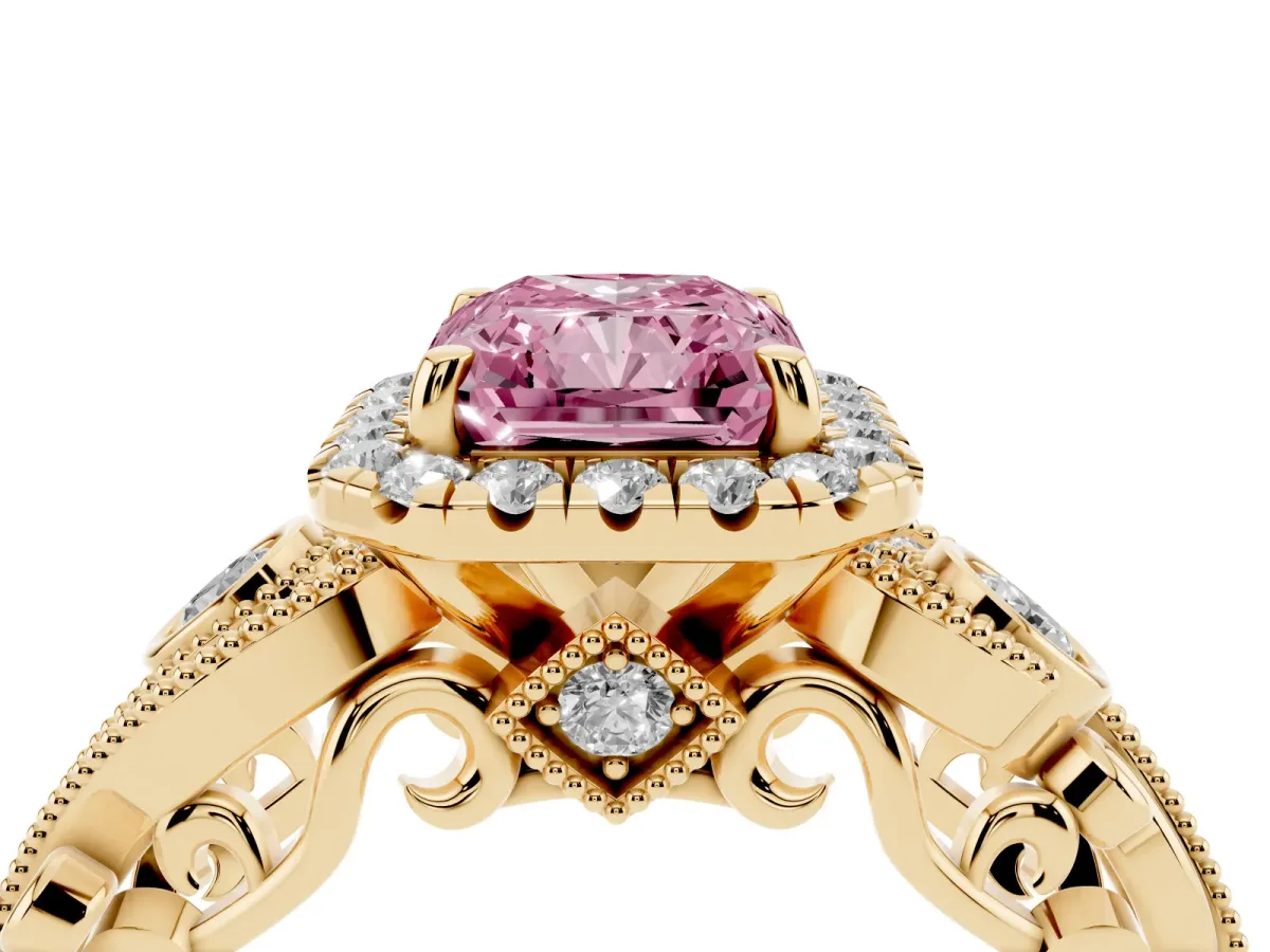 Fancy Pink Radiant Cut Halo Diamond Ring with Milgrain and Bezel Accents on a Split Shank Band Yellow gold