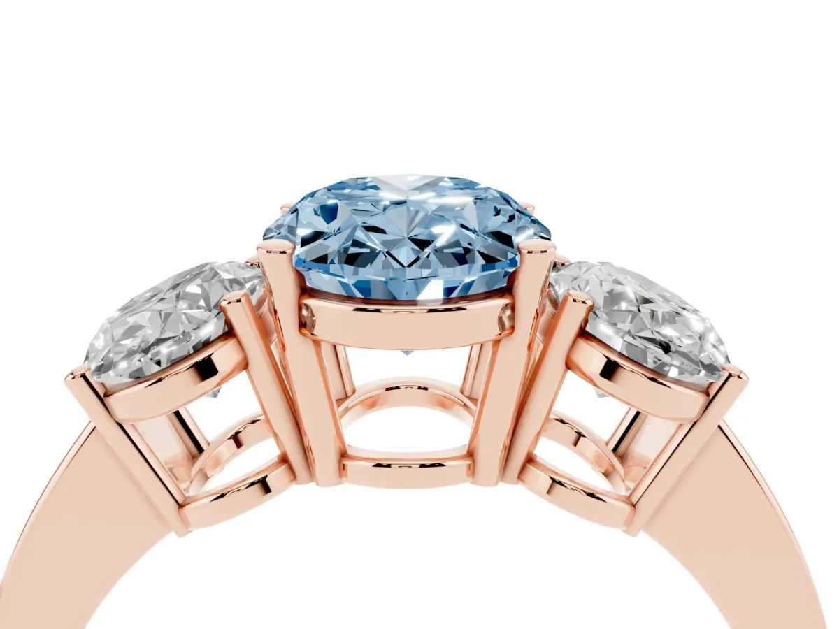 Fancy Blue Three-Stone Oval Cut Cut Diamond Engagement Ring with Flat Band and Four-Prong Setting Rose gold