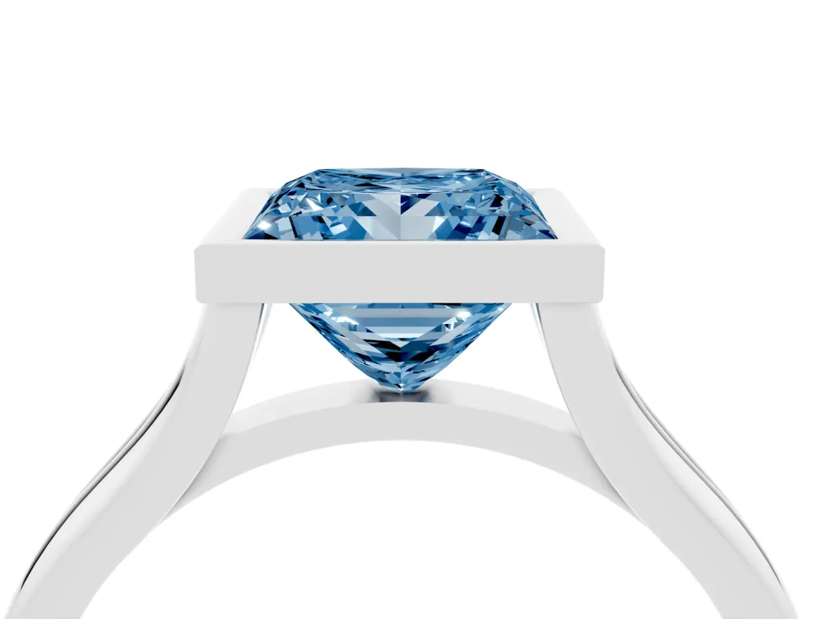 Fancy Blue Bezel Set Princess Cut Cut Solitaire Ring with Tapered Band Silver