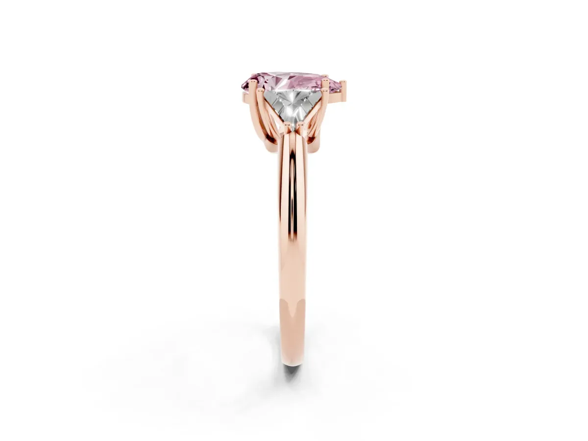Fancy Pink Three-Stone Pear Cut Diamond Engagement Ring with Trillion Side Stones and Prong Setting Rose gold