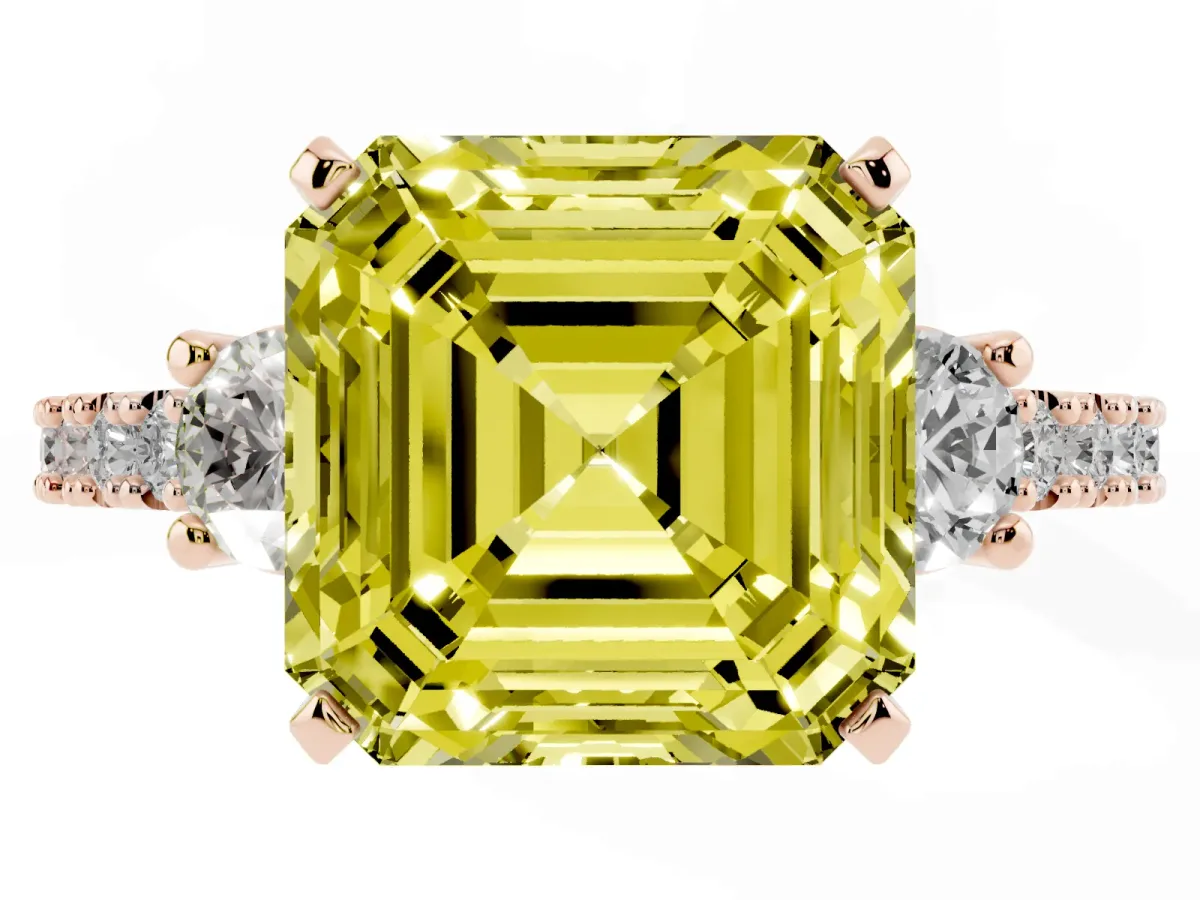 Fancy Yellow Asscher Cut Three-Stone Diamond Pavé Band with Prong Setting Rose gold