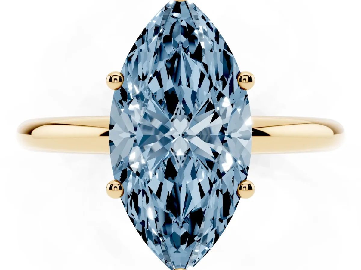 Fancy Blue Marquise Cut Cut Solitaire Engagement Ring with Four-Prong Setting and Classic Band Yellow gold